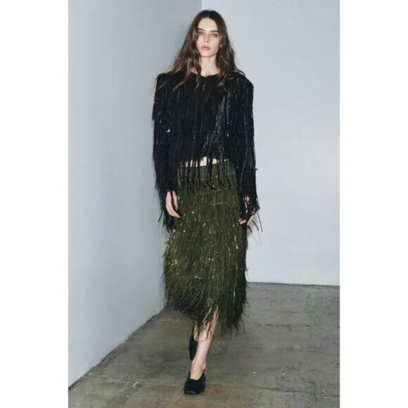 ZARA ZW COLLECTION LIMITED EDITION SEQUIN FRINGE SKIRT - Picture 3 of 9